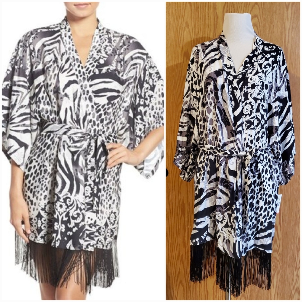 Josie Natori edgy garden fringe happi coat black/white animal print rayon size S